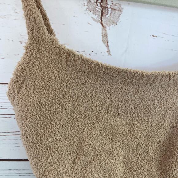 Windsor S Cream Nude Cozy Soft Chenille Spaghetti Strap Square Neck Crop PJ Top - Picture 3 of 7